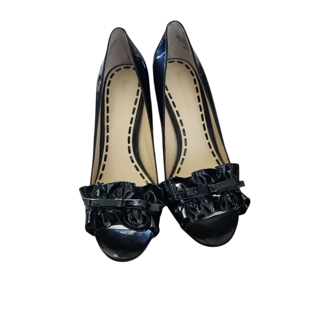 Enzo Angiolini Elegant Black Peep-Toe Heels With Ruffle And Bow Accent - Picture 3 of 5